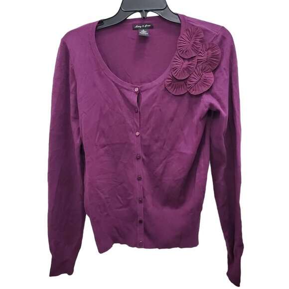 Audrey & Grace Women's Purple Silk Blend Rosette LS Button Up Knit Cardigan Sz S - Picture 1 of 7
